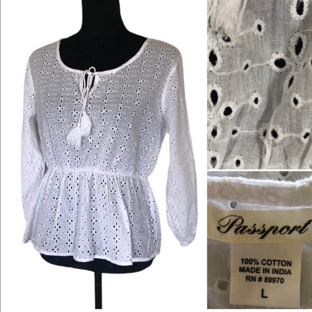 NWT Passport 100% cotton bohemian festival eyelet fabric peplum top size large